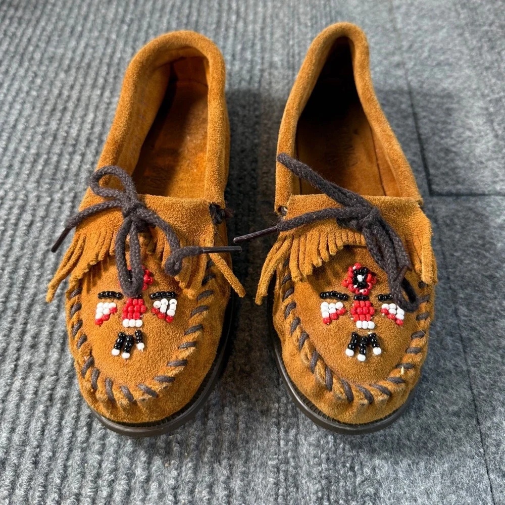 Minnetonka Kids Thunderbird Brown Suede Moccasins Beaded Fringe Shoes Size 2